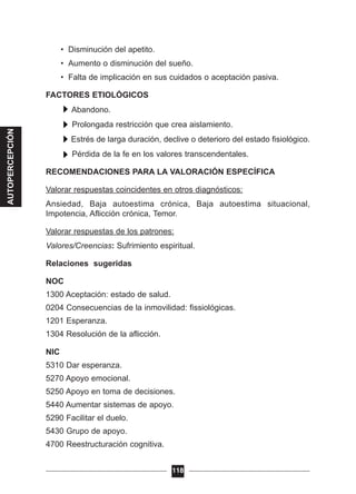 • Disminución del apetito.
• Aumento o disminución del sueño.
• Falta de implicación en sus cuidados o aceptación pasiva.
FACTORES ETIOLÓGICOS
Abandono.
Prolongada restricción que crea aislamiento.
Estrés de larga duración, declive o deterioro del estado fisiológico.
Pérdida de la fe en los valores transcendentales.
RECOMENDACIONES PARA LA VALORACIÓN ESPECÍFICA
Valorar respuestas coincidentes en otros diagnósticos:
Ansiedad, Baja autoestima crónica, Baja autoestima situacional,
Impotencia, Aflicción crónica, Temor.
Valorar respuestas de los patrones:
Valores/Creencias: Sufrimiento espiritual.
Relaciones sugeridas
NOC
1300 Aceptación: estado de salud.
0204 Consecuencias de la inmovilidad: fissiológicas.
1201 Esperanza.
1304 Resolución de la aflicción.
NIC
5310 Dar esperanza.
5270 Apoyo emocional.
5250 Apoyo en toma de decisiones.
5440 Aumentar sistemas de apoyo.
5290 Facilitar el duelo.
5430 Grupo de apoyo.
4700 Reestructuración cognitiva.
118
AUTOPERCEPCIÓN
 