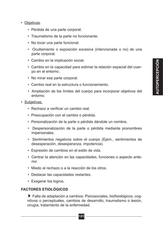 • Objetivas.
• Pérdida de una parte corporal.
• Traumatismo de la parte no funcionante.
• No tocar una parte funcional.
• Ocultamiento o exposición excesiva (intencionada o no) de una
parte corporal.
• Cambio en la implicación social.
• Cambio en la capacidad para estimar la relación espacial del cuer-
po en el entorno.
• No mirar esa parte corporal.
• Cambio real en la estructura o funcionamiento.
• Ampliación de los límites del cuerpo para incorporar objetivos del
entorno.
• Subjetivas.
• Rechazo a verificar un cambio real.
• Preocupación con el cambio o pérdida.
• Personalización de la parte o pérdida dándole un nombre.
• Despersonalización de la parte o pérdida mediante pronombres
impersonales.
• Sentimientos negativos sobre el cuerpo (Ejem., sentimientos de
desesperación, desesperanza, impotencia).
• Expresión de cambios en el estilo de vida.
• Centrar la atención en las capacidades, funciones o aspecto ante-
rior.
• Miedo al rechazo o a la reacción de los otros.
• Destacar las capacidades restantes.
• Exagerar los logros.
FACTORES ETIOLÓGICOS
Falta de adaptación a cambios: Psicosociales, biofisiológicos, cog-
nitivos o perceptuales, cambios de desarrollo, traumatismo o lesión,
cirugía, tratamiento de la enfermedad.
121
AUTOPERCEPCIÓN
 