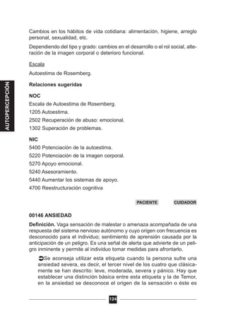 Cambios en los hábitos de vida cotidiana: alimentación, higiene, arreglo
personal, sexualidad, etc.
Dependiendo del tipo y grado: cambios en el desarrollo o el rol social, alte-
ración de la imagen corporal o deterioro funcional.
Escala
Autoestima de Rosemberg.
Relaciones sugeridas
NOC
Escala de Autoestima de Rosemberg.
1205 Autoestima.
2502 Recuperación de abuso: emocional.
1302 Superación de problemas.
NIC
5400 Potenciación de la autoestima.
5220 Potenciación de la imagen corporal.
5270 Apoyo emocional.
5240 Asesoramiento.
5440 Aumentar los sistemas de apoyo.
4700 Reestructuración cognitiva
00146 ANSIEDAD
Definición. Vaga sensación de malestar o amenaza acompañada de una
respuesta del sistema nervioso autónomo y cuyo origen con frecuencia es
desconocido para el individuo; sentimiento de aprensión causada por la
anticipación de un peligro. Es una señal de alerta que advierte de un peli-
gro inminente y permite al individuo tomar medidas para afrontarlo.
Se aconseja utilizar esta etiqueta cuando la persona sufre una
ansiedad severa, es decir, el tercer nivel de los cuatro que clásica-
mente se han descrito: leve, moderada, severa y pánico. Hay que
establecer una distinción básica entre esta etiqueta y la de Temor,
en la ansiedad se desconoce el origen de la sensación o éste es
124
PACIENTE CUIDADOR
AUTOPERCEPCIÓN
 