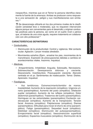 inespecífico, mientras que en el Temor la persona identifica clara-
mente la fuente de la amenaza. Ambas se producen como respues-
ta a una sensación de peligro y sus manifestaciones son simila-
res.20
Se desaconseja utilizarla en los dos primeros niveles de la clasifi-
cación (ansiedad leve o moderada), que no requieren intervención
alguna porque son convenientes para el desarrollo y originan conduc-
tas positivas para la persona, así como en el cuarto nivel o pánico
que, al tratarse de una crisis aguda, requiere tratamiento en colabora-
ción con otro profesional.20
CARACTERÍSTICAS DEFINITORIAS
• Conductuales.
• Disminución de la productividad. Control y vigilancia. Mal contacto
ocular. Agitación. Lanzar miradas alrededor.
• Movimientos extraños (Ejem., arrastrar los pies, movimientos de la
mano/brazo). Expresión de preocupaciones debidas a cambios en
acontecimientos vitales. Insomnio. Inquietud.
• Afectivas.
• Arrepentimiento. Irritabilidad. Angustia. Sobresalto. Nerviosismo.
Sobreexcitación. Desesperanza dolorosa y creciente.
Desconcierto. Incertidumbre. Preocupación creciente. Atención
centrada en el yo. Sentimientos de inadecuación. Temor. Distres.
Aprensión. Inquietud.
• Fisiológicas.
• Voz temblorosa. Estremecimiento/temblor de manos.
Inestabilidad. Aumento de la respiración (simpático). Urgencia uri-
naria (parasimpático). Aumento del pulso (simpático). Dilatación
pupilar (simpático). Aumento de los reflejos (simpático). Dolor
abdominal (parasimpático). Trastornos del sueño (parasimpático).
Hormigueo en las extremidades (parasimpático) Excitación car-
diovascular (simpático). Aumento de la transpiración. Tensión
facial. Anorexia (simpático). Palpitaciones (simpático). Diarrea
(parasimpático). Dificultad para iniciar el chorro de orina (parasim-
pático). Fatiga (parasimpático). Sequedad bucal (simpático).
Debilidad (simpático). Disminución del pulso(parasimpático).
Enrojecimiento facial (simpático). Vasoconstricción superficial
(simpático). Espasmos musculares (simpático). Disminución de la
125
AUTOPERCEPCIÓN
 