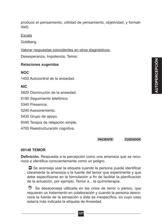 produce el pensamiento, utilidad de pensamiento, objetividad, y formali-
dad).
Escala
Goldberg.
Valorar respuestas coincidentes en otros diagnósticos:
Desesperanza, Impotencia, Temor.
Relaciones sugeridas
NOC
1402 Autocontrol de la ansiedad.
NIC
5820 Disminución de la ansiedad.
8190 Seguimiento telefónico.
5340 Presencia.
5240 Asesoramiento.
5430 Grupo de apoyo.
6040 Terapia de relajación simple.
4700 Reestructuración cognitiva.
00148 TEMOR
Definición. Respuesta a la percepción como una amenaza que se reco-
noce e identifica conscientemente como un peligro.
Se aconseja usar la etiqueta cuando la persona puede identificar
claramente la amenaza o la fuente del temor que experimenta y que
debe especificarse en la formulación a fin de facilitar la planificación
de la actuación, por ejemplo, Temor a... la quimioterapia.
Se desaconseja utilizarla en las crisis de terror o pánico, que
requieren un tratamiento en colaboración y cuando la persona desco-
noce la fuente de la sensación o ésta es inespecífica, en cuyo caso
estaría más indicada la etiqueta de Ansiedad.
127
PACIENTE CUIDADOR
AUTOPERCEPCIÓN
 