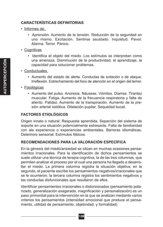 CARACTERÍSTICAS DEFINITORIAS
• Informes de:
• Aprensión. Aumento de la tensión. Reducción de la seguridad en
uno mismo. Excitación. Sentirse asustado. Inquietud. Pavor.
Alarma. Terror. Pánico.
• Cognitivas
• Identifica el objeto del miedo. Los estímulos se interpretan como
una amenaza. Disminución de la productividad, el aprendizaje, la
capacidad para solucionar problemas.
• Conductuales
• Aumento del estado de alerta. Conductas de evitación o de ataque.
Irreflexión. Estrechamiento del foco de atención en el origen del temor.
• Fisiológicas
• Aumento del pulso. Anorexia. Náuseas. Vómitos. Diarrea. Tirantez
muscular. Fatiga. Aumento de la frecuencia respiratoria y falta de
aliento. Palidez. Aumento de la transpiración. Aumento de la pre-
sión arterial sistólica. Dilatación pupilar. Sequedad bucal.
FACTORES ETIOLÓGICOS
Origen innato o natural. Respuesta aprendida. Separción del sistema de
soporte en una situación potencialmente estresante. Falta de familiaridad
con ala experiencia o experiencias ambientales. Barreras idiomáticas.
Deteriroro sensorial. Estímulos fóbicos.
RECOMENDACIONES PARA LA VALORACIÓN ESPECÍFICA
En la génesis del miedo/ansiedad se sitúan en muchas ocasiones pensa-
mientos irracionales. Para la identificación de dichos pensamientos se
suele utilizar una técnica de terapia cognitiva, la de las tres columnas, que
permiten analizar el proceso por el cual una persona ha llegado a desarro-
llar el miedo. La primera columna registra la situación objetiva; en la
segunda, el paciente escribe los pensamientos negativos/irracionales que
se le ocurrieron; la tercera columna registra los sentimientos negativos y
las conductas disfuncionales que resultaron de ellos.
Identificar pensamientos irracionales o distorsionados (pensamiento pola-
rizado, generalización exagerada, magnificación y personalización) es un
paso primordial para la intervención en la que se analizan mediante varios
criterios los pensamientos (intensidad emocional que produce el pensa-
miento, utilidad de pensamiento, objetividad, y formalidad)
128
AUTOPERCEPCIÓN
 