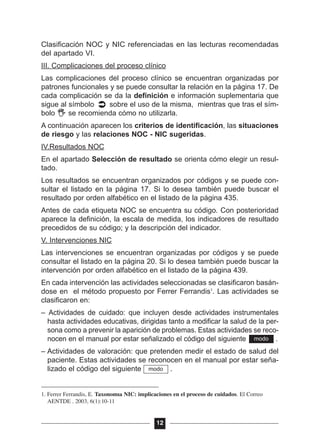 Clasificación NOC y NIC referenciadas en las lecturas recomendadas
del apartado VI.
III. Complicaciones del proceso clínico
Las complicaciones del proceso clínico se encuentran organizadas por
patrones funcionales y se puede consultar la relación en la página 17. De
cada complicación se da la definición e información suplementaria que
sigue al símbolo sobre el uso de la misma, mientras que tras el sím-
bolo se recomienda cómo no utilizarla.
A continuación aparecen los criterios de identificación, las situaciones
de riesgo y las relaciones NOC - NIC sugeridas.
IV.Resultados NOC
En el apartado Selección de resultado se orienta cómo elegir un resul-
tado.
Los resultados se encuentran organizados por códigos y se puede con-
sultar el listado en la página 17. Si lo desea también puede buscar el
resultado por orden alfabético en el listado de la página 435.
Antes de cada etiqueta NOC se encuentra su código. Con posterioridad
aparece la definición, la escala de medida, los indicadores de resultado
precedidos de su código; y la descripción del indicador.
V. Intervenciones NIC
Las intervenciones se encuentran organizadas por códigos y se puede
consultar el listado en la página 20. Si lo desea también puede buscar la
intervención por orden alfabético en el listado de la página 439.
En cada intervención las actividades seleccionadas se clasificaron basán-
dose en el método propuesto por Ferrer Ferrandis1
. Las actividades se
clasificaron en:
– Actividades de cuidado: que incluyen desde actividades instrumentales
hasta actividades educativas, dirigidas tanto a modificar la salud de la per-
sona como a prevenir la aparición de problemas. Estas actividades se reco-
nocen en el manual por estar señalizado el código del siguiente .
– Actividades de valoración: que pretenden medir el estado de salud del
paciente. Estas actividades se reconocen en el manual por estar seña-
lizado el código del siguiente .
12
1. Ferrer Ferrandis, E. Taxonomía NIC: implicaciones en el proceso de cuidados. El Correo
AENTDE . 2003, 6(1):10-11
modo
modo
 