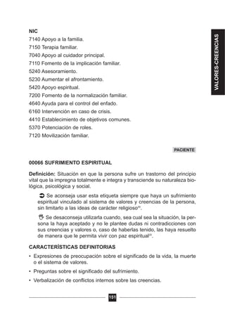 NIC
7140 Apoyo a la familia.
7150 Terapia familiar.
7040 Apoyo al cuidador principal.
7110 Fomento de la implicación familiar.
5240 Asesoramiento.
5230 Aumentar el afrontamiento.
5420 Apoyo espiritual.
7200 Fomento de la normalización familiar.
4640 Ayuda para el control del enfado.
6160 Intervención en caso de crisis.
4410 Establecimiento de objetivos comunes.
5370 Potenciación de roles.
7120 Movilización familiar.
00066 SUFRIMIENTO ESPIRITUAL
Definición: Situación en que la persona sufre un trastorno del principio
vital que la impregna totalmente e integra y transciende su naturaleza bio-
lógica, psicológica y social.
Se aconseja usar esta etiqueta siempre que haya un sufrimiento
espiritual vinculado al sistema de valores y creencias de la persona,
sin limitarlo a las ideas de carácter religioso20
.
Se desaconseja utilizarla cuando, sea cual sea la situación, la per-
sona la haya aceptado y no le plantee dudas ni contradicciones con
sus creencias y valores o, caso de haberlas tenido, las haya resuelto
de manera que le permita vivir con paz espiritual20
.
CARACTERÍSTICAS DEFINITORIAS
• Expresiones de preocupación sobre el significado de la vida, la muerte
o el sistema de valores.
• Preguntas sobre el significado del sufrimiento.
• Verbalización de conflictos internos sobre las creencias.
151
PACIENTE
VALORES-CREENCIAS
 