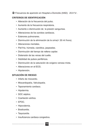 Frecuencia de aparición en Hospital a Domicilio (HAD): 25.9 %3
.
CRITERIOS DE IDENTIFICACIÓN
• Alteración de la frecuencia del pulso.
• Aumento de la frecuencia respiratoria.
• Aumento o disminución de la presión sanguínea.
• Alteraciones de los sonidos cardiacos.
• Esterores pulmonares.
• Disminución de la eliminación de la orina(< 30 ml /hora).
• Alteraciones mentales.
• Piel fría, húmeda, cianótica, jaspeadas.
• Disminución del tiempo de relleno capilar.
• Distensión de las venas del cuello.
• Debilidad de pulsos periféricos.
• Disminución de la saturación de oxígeno venosa mixta.
• Alteraciones en el ECG.
• Hipotensión.
SITUACIÓN DE RIESGO
• Infarto de miocardio.
• Miocardiopatía, Valvulopatía.
• Taponamiento cardiaco.
• Hipotermia.
• SOC séptico.
• Coartación aórtica.
• EPOC.
• Hipovolemia.
• Bradicardia.
• Taquicardia.
• Insuficiencia cardiaca congestiva.
165
 