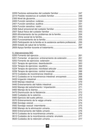 2209 Factores estresantes del cuidador familiar .............................. 247
2210 Posible resistencia al cuidado familiar ..................................... 248
2300 Nivel de glucemia..................................................................... 249
2400 Función sensitiva: cutánea....................................................... 250
2401 Función sensitiva: auditiva ....................................................... 251
2404 Función sensitiva: visión .......................................................... 252
2506 Salud emocional del cuidador familiar ..................................... 253
2507 Salud física del cuidador familiar ............................................ 253
2600 Afrontamiento de los problemas de la familia .......................... 254
2601 Clima social de la familia.......................................................... 255
2602 Funcionamiento de la familia ................................................... 255
2605 Participación de la familia en la asistencia sanitaria profesional.. 256
2606 Estado de salud de la familia................................................... 257
2609 Apoyo familiar durante el tratamiento....................................... 258
V. Intervenciones NIC
0200 Fomento del ejercicio ............................................................... 261
0201 Fomentar el ejercicio: entrenamiento de extensión ................ 261
0202 Fomento de ejercicios: extensión ............................................ 262
0221 Terapia de ejercicios: deambulación ........................................ 263
0222 Terapia de ejercicios: equilibrio................................................ 264
0224 Terapia de ejercicios: movilidad articular ................................. 265
0226 Terapia de ejercicios: control muscular.................................... 266
0410 Cuidados de incontinencia intestinal........................................ 268
0412 Cuidados en la incontinencia intestinal: encopresis ................ 268
0420 Irrigación intestinal ................................................................... 269
0430 Manejo intestinal. ..................................................................... 270
0440 Entrenamiento del hábito intestinal.......................................... 270
0450 Manejo del estreñimiento / impactación................................... 271
0460 Manejo de la diarrea ................................................................ 271
0470 Disminución de la flatulencia.................................................... 272
0480 Cuidados de la ostomía ........................................................... 272
0560 Ejercicio del suelo pélvico........................................................ 273
0570 Entrenamiento de la vejiga urinaria ......................................... 274
0580 Sondaje vesical ........................................................................ 274
0582 Sondaje vesical: intermitente ................................................... 275
0590 Manejo de la eliminación urinaria............................................. 275
0600 Entrenamiento del hábito urinario ............................................ 276
0610 Cuidados de la incontinencia urinaria ...................................... 276
0612 Cuidados de la incontinencia urinaria: enuresis ...................... 277
0620 Cuidados de la retención urinaria ............................................ 277
20
 