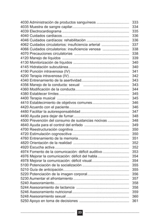 4030 Administración de productos sanguíneos ................................ 333
4035 Muestra de sangre capilar........................................................ 334
4039 Electrocardiograma .................................................................. 335
4040 Cuidados cardiacos.................................................................. 336
4046 Cuidados cardíacos: rehabilitación .......................................... 336
4062 Cuidados circulatorios: insuficiencia arterial ........................... 337
4066 Cuidados circulatorios: insuficiencia venosa .......................... 338
4070 Precauciones circulatorias ...................................................... 338
4120 Manejo de líquidos .................................................................. 339
4130 Monitorización de líquidos ....................................................... 340
4145 Hidratación subcutánea............................................................ 340
4190 Punción intravenosa (IV).......................................................... 341
4200 Terapia intravenosa (IV) ........................................................... 342
4340 Entrenamiento de la asertividad............................................... 343
4356 Manejo de la conducta: sexual ............................................. 343
4360 Modificación de la conducta..................................................... 344
4380 Establecer límites..................................................................... 345
4400 Terapia musical ....................................................................... 345
4410 Establecimiento de objetivos comunes.................................... 346
4420 Acuerdo con el paciente........................................................... 346
4480 Facilitar la autoresponsabilidad................................................ 347
4490 Ayuda para dejar de fumar....................................................... 348
4500 Prevención del consumo de sustancias nocivas ..................... 348
4640 Ayuda para el control del enfado ............................................ 349
4700 Reestructuración cognitiva....................................................... 350
4720 Estimulación cognoscitiva ........................................................ 350
4760 Entrenamiento de la memoria.................................................. 351
4820 Orientación de la realidad ....................................................... 352
4920 Escucha activa ......................................................................... 352
4974 Fomento de la comunicación: déficit auditivo .......................... 353
4976 Mejorar la comunicación: déficit del habla............................... 354
4978 Mejorar la comunicación: déficit visual..................................... 354
5100 Potenciación de la socialización .............................................. 355
5210 Guía de anticipación................................................................. 355
5220 Potenciación de la imagen corporal......................................... 356
5230 Aumentar el afrontamiento ....................................................... 357
5240 Asesoramiento.......................................................................... 358
5244 Asesoramiento de lactancia .................................................... 358
5246 Asesoramiento nutricional........................................................ 359
5248 Asesoramiento sexual .............................................................. 360
5250 Apoyo en toma de decisiones ................................................. 361
23
 