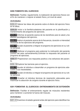 0200 FOMENTO DEL EJERCICIO
Definición: Facilitar, regularmente, la realización de ejercicios físicos con
el fin de mantener o mejorar el estado físico y el nivel de salud.
Actividades:
0200.01 Valorar las ideas del paciente sobre el efecto del ejercicio físico
en la salud.
0200.04 Incluir a la familia/cuidadores del paciente en la planificación y
mantenimiento del programa de ejercicios.
0200.05 Informar al paciente acerca de los beneficios para la salud y los
efectos psicológicos del ejercicio.
0200.07 Instruir al paciente acerca de la frecuencia, duración e intensidad
deseadas de los ejercicios del programa.
0200.15 Ayudar al paciente a integrar el programa de ejercicios en su ruti-
na semanal.
0200.16 Reforzar el programa para potenciar la motivación del paciente
(control del peso semanalmente).Controlar la respuesta del paciente al
programa de ejercicios.
0200.17 Proporcionar una respuesta positiva a los esfuerzos del pacien-
te.
0200.18 Explorar las barreras para el ejercicio.
0200.19 Ayudar al individuo a desarrollar un programa de ejercicios ade-
cuado a sus necesidades.
0200.20 Ayudar al individuo a integrar el programa de ejercicios en su ruti-
na semanal.
0200.21 Enseñar al individuo técnicas de respiración adecuadas para
maximizar la absorción de oxígeno durante el ejercicio físico.
0201 FOMENTAR EL EJERCICIO: ENTRENAMIENTO DE EXTENSIÓN
Definición: Facilitar el entrenamiento regular de músculos resistentes
para mantener o aumentar la fuerza del músculo.
Actividades:
0201.01 Examinar el estado general antes del ejercicio para identificar los
261
0000
 