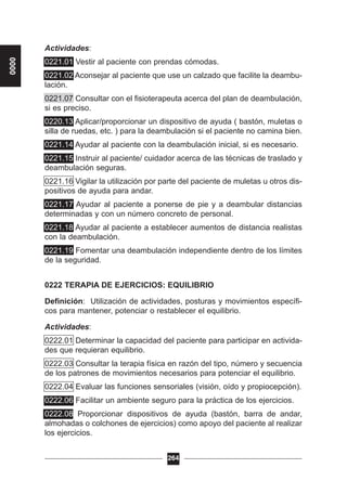 Actividades:
0221.01 Vestir al paciente con prendas cómodas.
0221.02 Aconsejar al paciente que use un calzado que facilite la deambu-
lación.
0221.07 Consultar con el fisioterapeuta acerca del plan de deambulación,
si es preciso.
0220.13 Aplicar/proporcionar un dispositivo de ayuda ( bastón, muletas o
silla de ruedas, etc. ) para la deambulación si el paciente no camina bien.
0221.14 Ayudar al paciente con la deambulación inicial, si es necesario.
0221.15 Instruir al paciente/ cuidador acerca de las técnicas de traslado y
deambulación seguras.
0221.16 Vigilar la utilización por parte del paciente de muletas u otros dis-
positivos de ayuda para andar.
0221.17 Ayudar al paciente a ponerse de pie y a deambular distancias
determinadas y con un número concreto de personal.
0221.18 Ayudar al paciente a establecer aumentos de distancia realistas
con la deambulación.
0221.19 Fomentar una deambulación independiente dentro de los límites
de la seguridad.
0222 TERAPIA DE EJERCICIOS: EQUILIBRIO
Definición: Utilización de actividades, posturas y movimientos específi-
cos para mantener, potenciar o restablecer el equilibrio.
Actividades:
0222.01 Determinar la capacidad del paciente para participar en activida-
des que requieran equilibrio.
0222.03 Consultar la terapia física en razón del tipo, número y secuencia
de los patrones de movimientos necesarios para potenciar el equilibrio.
0222.04 Evaluar las funciones sensoriales (visión, oído y propiocepción).
0222.06 Facilitar un ambiente seguro para la práctica de los ejercicios.
0222.08 Proporcionar dispositivos de ayuda (bastón, barra de andar,
almohadas o colchones de ejercicios) como apoyo del paciente al realizar
los ejercicios.
264
0000
 