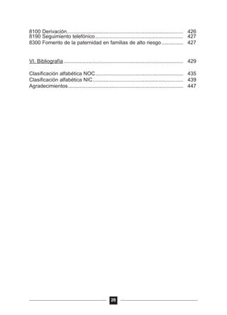 8100 Derivación................................................................................. 426
8190 Seguimiento telefónico............................................................. 427
8300 Fomento de la paternidad en familias de alto riesgo............... 427
VI. Bibliografía ................................................................................... 429
Clasificación alfabética NOC............................................................. 435
Clasificación alfabética NIC............................................................... 439
Agradecimientos................................................................................ 447
26
 