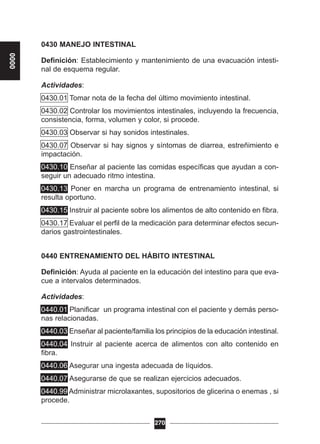 0430 MANEJO INTESTINAL
Definición: Establecimiento y mantenimiento de una evacuación intesti-
nal de esquema regular.
Actividades:
0430.01 Tomar nota de la fecha del último movimiento intestinal.
0430.02 Controlar los movimientos intestinales, incluyendo la frecuencia,
consistencia, forma, volumen y color, si procede.
0430.03 Observar si hay sonidos intestinales.
0430.07 Observar si hay signos y síntomas de diarrea, estreñimiento e
impactación.
0430.10 Enseñar al paciente las comidas específicas que ayudan a con-
seguir un adecuado ritmo intestina.
0430.13 Poner en marcha un programa de entrenamiento intestinal, si
resulta oportuno.
0430.15 Instruir al paciente sobre los alimentos de alto contenido en fibra.
0430.17 Evaluar el perfil de la medicación para determinar efectos secun-
darios gastrointestinales.
0440 ENTRENAMIENTO DEL HÁBITO INTESTINAL
Definición: Ayuda al paciente en la educación del intestino para que eva-
cue a intervalos determinados.
Actividades:
0440.01 Planificar un programa intestinal con el paciente y demás perso-
nas relacionadas.
0440.03 Enseñar al paciente/familia los principios de la educación intestinal.
0440.04 Instruir al paciente acerca de alimentos con alto contenido en
fibra.
0440.06 Asegurar una ingesta adecuada de líquidos.
0440.07 Asegurarse de que se realizan ejercicios adecuados.
0440.99 Administrar microlaxantes, supositorios de glicerina o enemas , si
procede.
270
0000
 