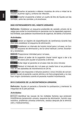 0590.09 Enseñar al paciente a obtener muestras de orina a mitad de la
micción al primer signo y síntoma de infección.
0590.11 Enseñar al paciente a beber un cuarto de litro de líquido con las
comidas, entre las comidas y al anochecer.
0600 ENTRENAMIENTO DEL HÁBITO URINARIO
Definición: Establecer un esquema predecible de vaciado urinario de la
vejiga para evitar la incontinencia en personas con la capacidad cognosci-
tiva limitada, que padecen incontinencia de urgencia, de estrés o funcional.
Actividades:
0600.01 Llevar un registro de especificación de continencia durante tres
días para establecer el esquema de eliminación.
0600.02 Establecer un intervalo de horario inicial para ir al aseo, en fun-
ción del esquema de eliminación y de la rutina habitual ( comer, levantar-
se y acostarse).
0600.05 Proporcionar intimidad para ir al aseo.
0600.06 Utilizar el poder de la sugestión (hacer correr agua o dar a la
cadena del aseo) para ayudar al paciente a eliminar.
0600.07 Evitar dejar al paciente en el aseo más de cinco minutos
0600.08 Reducir el intervalo de ir al aseo en media hora si se producen
más de dos episodios de incontinencia en 24 hs.
0600.13 Dar una respuesta o refuerzo positivo ( cinco minutos de conver-
sación social) al paciente cuando elimine a la hora programada y no rea-
lizar ningún comentario cuando el paciente muestre incontinencia.
0610 CUIDADOS DE LA INCONTINENCIA URINARIA
Definición: Ayudar al paciente a fomentar la continencia y mantener la
integridad de la piel perineal.
Actividades:
0610.01 Identificar las causas de los múltiples factores que producen
incontinencia (producción urinaria, esquema de eliminación, función cog-
noscitiva, problemas urinarios anteriores, residuo después de la elimina-
ción y medicamentos).
276
0000
 