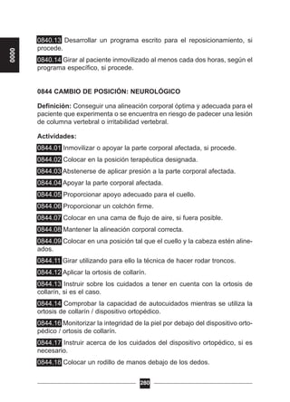 0840.13 Desarrollar un programa escrito para el reposicionamiento, si
procede.
0840.14 Girar al paciente inmovilizado al menos cada dos horas, según el
programa específico, si procede.
0844 CAMBIO DE POSICIÓN: NEUROLÓGICO
Definición: Conseguir una alineación corporal óptima y adecuada para el
paciente que experimenta o se encuentra en riesgo de padecer una lesión
de columna vertebral o irritabilidad vertebral.
Actividades:
0844.01 Inmovilizar o apoyar la parte corporal afectada, si procede.
0844.02 Colocar en la posición terapéutica designada.
0844.03 Abstenerse de aplicar presión a la parte corporal afectada.
0844.04 Apoyar la parte corporal afectada.
0844.05 Proporcionar apoyo adecuado para el cuello.
0844.06 Proporcionar un colchón firme.
0844.07 Colocar en una cama de flujo de aire, si fuera posible.
0844.08 Mantener la alineación corporal correcta.
0844.09 Colocar en una posición tal que el cuello y la cabeza estén aline-
ados.
0844.11 Girar utilizando para ello la técnica de hacer rodar troncos.
0844.12 Aplicar la ortosis de collarín.
0844.13 Instruir sobre los cuidados a tener en cuenta con la ortosis de
collarín, si es el caso.
0844.14 Comprobar la capacidad de autocuidados mientras se utiliza la
ortosis de collarín / dispositivo ortopédico.
0844.16 Monitorizar la integridad de la piel por debajo del dispositivo orto-
pédico / ortosis de collarín.
0844.17 Instruir acerca de los cuidados del dispositivo ortopédico, si es
necesario.
0844.18 Colocar un rodillo de manos debajo de los dedos.
280
0000
 