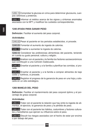 1200.15 Comprobar la glucosa en orina para determinar glucosuria, cuer-
pos cetónicos y proteínas.
1200.17 Informar al médico acerca de los signos y síntomas anormales
asociados con la NPT y modificar los cuidados correspondientes.
1240 AYUDA PARA GANAR PESO
Definición: Facilitar el aumento del peso corporal.
Actividades:
1240.02 Pesar al paciente en los periodos establecidos, si procede.
1240.09 Fomentar el aumento de ingesta de calorías.
1240.10 Enseñar a aumentar la ingesta de calorías.
1240.12 Considerar las preferencias alimenticias del paciente, teniendo
en cuesta su gusto personal, cultura y religión.
1240.19 Analizar con el paciente y la familia los factores socioeconómicos
que contribuyen a una nutrición inadecuada.
1240.22 Enseñar al paciente y a la familia a planificar las comidas, si pro-
cede.
1240.23 Enseñar al paciente y a la familia a comprar alimentos de bajo
coste y nutritivos, si procede.
1240.25 Registrar el progreso de la ganancia de peso en una hoja y colo-
carla en un sitio estratégico.
1260 MANEJO DEL PESO
Definición: Facilitar el mantenimiento del peso corporal óptimo y el por-
centaje de grasa corporal.
Actividades:
1260.01 Tratar con el paciente la relación que hay entre la ingesta de ali-
mentos, el ejercicio, la ganancia de peso y la pérdida de peso.
1260.03 Tratar con el paciente los hábitos, costumbres y factores cultura-
les y hereditarios que ejercen su influencia sobre el peso.
1260.04 Discutir los riesgos asociados con el hecho de estar por encima
o por debajo del peso.
288
1000
 