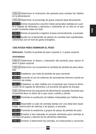 1260.05 Determinar la motivación del paciente para cambiar los hábitos
en la alimentación.
1260.06 Determinar el porcentaje de grasa corporal ideal del paciente.
1260.08 Animar al paciente a escribir metas semanales realistas en cuan-
to a ingesta de alimentos y ejercicios y colocarlas en un sitio en el que
pueda revisarlas todos los días.
1260.09 Animar al paciente a registrar el peso semanalmente, si procede.
1260.11 Ayudar en el desarrollo de planes de comidas bien equilibradas,
coherentes con el nivel de gasto energético.
1280 AYUDA PARA DISMINUIR EL PESO
Definición: Facilitar la perdida de peso corporal y / o grasa corporal.
Actividades:
1280.01 Determinar el deseo y motivación del paciente para reducir el
peso o grasa corporal.
1280.02 Determinar con el paciente la cantidad de pérdida de peso dese-
ada.
1280.03 Establecer una meta de pérdida de peso semanal.
1280.08 Fomentar el uso de sistemas de recompensa internos cuando se
alcanzan las metas.
1280.09 Establecer un plan realista con el paciente que incluya la dismi-
nución de la ingesta de alimentos y el aumento del gasto de energía.
1280.10 Determinar los esquemas de alimentación actuales haciendo que
el paciente lleve un diario de lo que come, cuándo y dónde.
1280.12 Fomentar la sustitución de hábitos indeseables por hábitos favo-
rables.
1280.19 Desarrollar un plan de comidas diarias con una dieta bien equili-
brada, disminución de calorías y de grasas, si procede.
1280.22 Fomentar la asistencia a grupos de apoyo de pérdida de peso.
1280.24 Enseñar a leer etiquetas al comprar alimentos para controlar la
cantidad de grasa y calorías de los alimentos obtenidos.
1280.26 Enseñar a seleccionar las comidas, en restaurantes y reuniones
289
1000
 