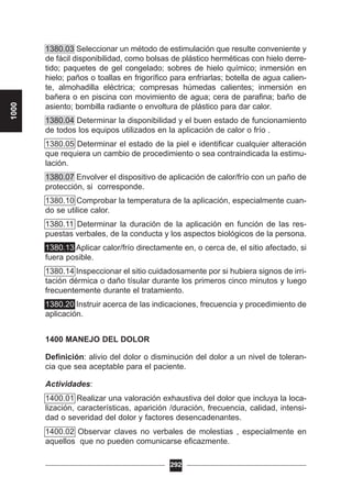1380.03 Seleccionar un método de estimulación que resulte conveniente y
de fácil disponibilidad, como bolsas de plástico herméticas con hielo derre-
tido; paquetes de gel congelado; sobres de hielo químico; inmersión en
hielo; paños o toallas en frigorífico para enfriarlas; botella de agua calien-
te, almohadilla eléctrica; compresas húmedas calientes; inmersión en
bañera o en piscina con movimiento de agua; cera de parafina; baño de
asiento; bombilla radiante o envoltura de plástico para dar calor.
1380.04 Determinar la disponibilidad y el buen estado de funcionamiento
de todos los equipos utilizados en la aplicación de calor o frío .
1380.05 Determinar el estado de la piel e identificar cualquier alteración
que requiera un cambio de procedimiento o sea contraindicada la estimu-
lación.
1380.07 Envolver el dispositivo de aplicación de calor/frío con un paño de
protección, si corresponde.
1380.10 Comprobar la temperatura de la aplicación, especialmente cuan-
do se utilice calor.
1380.11 Determinar la duración de la aplicación en función de las res-
puestas verbales, de la conducta y los aspectos biológicos de la persona.
1380.13 Aplicar calor/frío directamente en, o cerca de, el sitio afectado, si
fuera posible.
1380.14 Inspeccionar el sitio cuidadosamente por si hubiera signos de irri-
tación dérmica o daño tísular durante los primeros cinco minutos y luego
frecuentemente durante el tratamiento.
1380.20 Instruir acerca de las indicaciones, frecuencia y procedimiento de
aplicación.
1400 MANEJO DEL DOLOR
Definición: alivio del dolor o disminución del dolor a un nivel de toleran-
cia que sea aceptable para el paciente.
Actividades:
1400.01 Realizar una valoración exhaustiva del dolor que incluya la loca-
lización, características, aparición /duración, frecuencia, calidad, intensi-
dad o severidad del dolor y factores desencadenantes.
1400.02 Observar claves no verbales de molestias , especialmente en
aquellos que no pueden comunicarse eficazmente.
292
1000
 