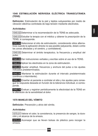 1540 ESTIMULACIÓN NERVIOSA ELÉCTRICA TRANSCUTÁNEA
(TENS)
Definición: Estimulación de la piel y tejidos subyacentes por medio de
vibración eléctrica controlada de baja tensión mediante electrodos.
Actividades:
1540.02 Determinar si la recomendación de la TENS es adecuada.
1540.03 Estudiar la terapia con el médico y obtener la prescripción de la
TENS, si corresponde.
1540.04 Seleccionar el sitio de estimulación, considerando sitios alterna-
tivos cuando la aplicación directa no sea posible (adyacente, distal o entre
las zonas afectadas y el cerebro, y contralateral).
1540.05 Determinar el ámbito terapéutico, la frecuencia y amplitud del
pulso.
1540.06 Dar instrucciones verbales y escritas sobre el uso de la TENS.
1540.07 Aplicar los electrodos en la zona de estimulación.
1540.08 Ajustar amplitud, frecuencia y anchura del pulso a los ajustes
indicados predeterminados.
1540.09 Mantener la estimulación durante el intervalo predeterminado
(continua o intermitente).
1540.10 Enseñar al paciente a controlar el sitio y los ajustes para conse-
guir la respuesta deseada en función de la tolerancia individual, si corres-
ponde.
1540.14 Evaluar y registrar periódicamente la efectividad de la TENS en
la alteración de la sensibilidad al dolor.
1570 MANEJO DEL VÓMITO
Definición: Prevención y alivio del vómito.
Actividades:
1570.01 Valorar el color, la consistencia, la presencia de sangre, la dura-
ción y el alcance de la emesis.
1570.03 Aconsejar que se lleven bolsas de plástico para recoger la
emesis.
295
1000
 