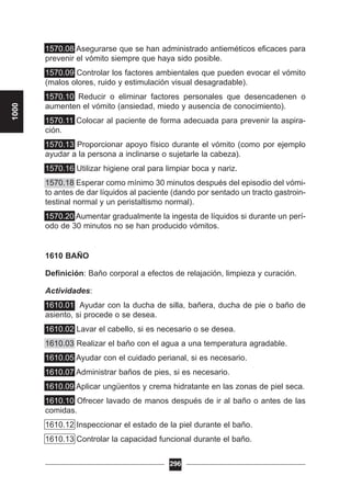 1570.08 Asegurarse que se han administrado antieméticos eficaces para
prevenir el vómito siempre que haya sido posible.
1570.09 Controlar los factores ambientales que pueden evocar el vómito
(malos olores, ruido y estimulación visual desagradable).
1570.10 Reducir o eliminar factores personales que desencadenen o
aumenten el vómito (ansiedad, miedo y ausencia de conocimiento).
1570.11 Colocar al paciente de forma adecuada para prevenir la aspira-
ción.
1570.13 Proporcionar apoyo físico durante el vómito (como por ejemplo
ayudar a la persona a inclinarse o sujetarle la cabeza).
1570.16 Utilizar higiene oral para limpiar boca y nariz.
1570.18 Esperar como mínimo 30 minutos después del episodio del vómi-
to antes de dar líquidos al paciente (dando por sentado un tracto gastroin-
testinal normal y un peristaltismo normal).
1570.20 Aumentar gradualmente la ingesta de líquidos si durante un perí-
odo de 30 minutos no se han producido vómitos.
1610 BAÑO
Definición: Baño corporal a efectos de relajación, limpieza y curación.
Actividades:
1610.01 Ayudar con la ducha de silla, bañera, ducha de pie o baño de
asiento, si procede o se desea.
1610.02 Lavar el cabello, si es necesario o se desea.
1610.03 Realizar el baño con el agua a una temperatura agradable.
1610.05 Ayudar con el cuidado perianal, si es necesario.
1610.07 Administrar baños de pies, si es necesario.
1610.09 Aplicar ungüentos y crema hidratante en las zonas de piel seca.
1610.10 Ofrecer lavado de manos después de ir al baño o antes de las
comidas.
1610.12 Inspeccionar el estado de la piel durante el baño.
1610.13 Controlar la capacidad funcional durante el baño.
296
1000
 