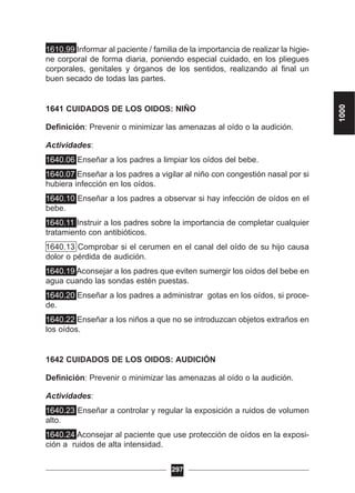 1610.99 Informar al paciente / familia de la importancia de realizar la higie-
ne corporal de forma diaria, poniendo especial cuidado, en los pliegues
corporales, genitales y órganos de los sentidos, realizando al final un
buen secado de todas las partes.
1641 CUIDADOS DE LOS OIDOS: NIÑO
Definición: Prevenir o minimizar las amenazas al oído o la audición.
Actividades:
1640.06 Enseñar a los padres a limpiar los oídos del bebe.
1640.07 Enseñar a los padres a vigilar al niño con congestión nasal por si
hubiera infección en los oídos.
1640.10 Enseñar a los padres a observar si hay infección de oídos en el
bebe.
1640.11 Instruir a los padres sobre la importancia de completar cualquier
tratamiento con antibióticos.
1640.13 Comprobar si el cerumen en el canal del oído de su hijo causa
dolor o pérdida de audición.
1640.19 Aconsejar a los padres que eviten sumergir los oídos del bebe en
agua cuando las sondas estén puestas.
1640.20 Enseñar a los padres a administrar gotas en los oídos, si proce-
de.
1640.22 Enseñar a los niños a que no se introduzcan objetos extraños en
los oídos.
1642 CUIDADOS DE LOS OIDOS: AUDICIÓN
Definición: Prevenir o minimizar las amenazas al oído o la audición.
Actividades:
1640.23 Enseñar a controlar y regular la exposición a ruidos de volumen
alto.
1640.24 Aconsejar al paciente que use protección de oídos en la exposi-
ción a ruidos de alta intensidad.
297
1000
 