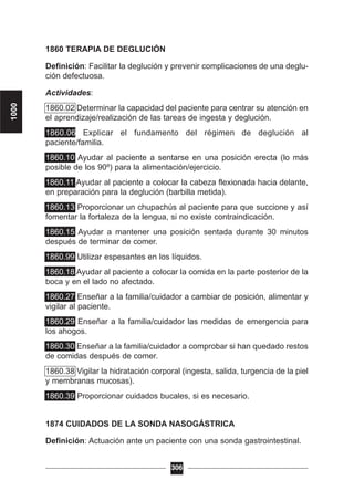 1860 TERAPIA DE DEGLUCIÓN
Definición: Facilitar la deglución y prevenir complicaciones de una deglu-
ción defectuosa.
Actividades:
1860.02 Determinar la capacidad del paciente para centrar su atención en
el aprendizaje/realización de las tareas de ingesta y deglución.
1860.06 Explicar el fundamento del régimen de deglución al
paciente/familia.
1860.10 Ayudar al paciente a sentarse en una posición erecta (lo más
posible de los 90º) para la alimentación/ejercicio.
1860.11 Ayudar al paciente a colocar la cabeza flexionada hacia delante,
en preparación para la deglución (barbilla metida).
1860.13 Proporcionar un chupachús al paciente para que succione y así
fomentar la fortaleza de la lengua, si no existe contraindicación.
1860.15 Ayudar a mantener una posición sentada durante 30 minutos
después de terminar de comer.
1860.99 Utilizar espesantes en los líquidos.
1860.18 Ayudar al paciente a colocar la comida en la parte posterior de la
boca y en el lado no afectado.
1860.27 Enseñar a la familia/cuidador a cambiar de posición, alimentar y
vigilar al paciente.
1860.29 Enseñar a la familia/cuidador las medidas de emergencia para
los ahogos.
1860.30 Enseñar a la familia/cuidador a comprobar si han quedado restos
de comidas después de comer.
1860.38 Vigilar la hidratación corporal (ingesta, salida, turgencia de la piel
y membranas mucosas).
1860.39 Proporcionar cuidados bucales, si es necesario.
1874 CUIDADOS DE LA SONDA NASOGÁSTRICA
Definición: Actuación ante un paciente con una sonda gastrointestinal.
306
1000
 