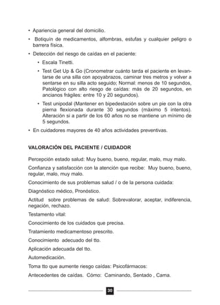 • Apariencia general del domicilio.
• Botiquín de medicamentos, alfombras, estufas y cualquier peligro o
barrera física.
• Detección del riesgo de caídas en el paciente:
• Escala Tinetti.
• Test Get Up & Go (Cronometrar cuánto tarda el paciente en levan-
tarse de una silla con apoyabrazos, caminar tres metros y volver a
sentarse en su silla acto seguido; Normal: menos de 10 segundos,
Patológico con alto riesgo de caídas: más de 20 segundos, en
ancianos frágiles: entre 10 y 20 segundos).
• Test unipodal (Mantener en bipedestación sobre un pie con la otra
pierna flexionada durante 30 segundos (máximo 5 intentos).
Alteración si a partir de los 60 años no se mantiene un mínimo de
5 segundos.
• En cuidadores mayores de 40 años actividades preventivas.
VALORACIÓN DEL PACIENTE / CUIDADOR
Percepción estado salud: Muy bueno, bueno, regular, malo, muy malo.
Confianza y satisfacción con la atención que recibe: Muy bueno, bueno,
regular, malo, muy malo.
Conocimiento de sus problemas salud / o de la persona cuidada:
Diagnóstico médico, Pronóstico.
Actitud sobre problemas de salud: Sobrevalorar, aceptar, indiferencia,
negación, rechazo.
Testamento vital:
Conocimiento de los cuidados que precisa.
Tratamiento medicamentoso prescrito.
Conocimiento adecuado del tto.
Aplicación adecuada del tto.
Automedicación.
Toma tto que aumente riesgo caídas: Psicofármacos:
Antecedentes de caídas. Cómo: Caminando, Sentado , Cama.
30
 