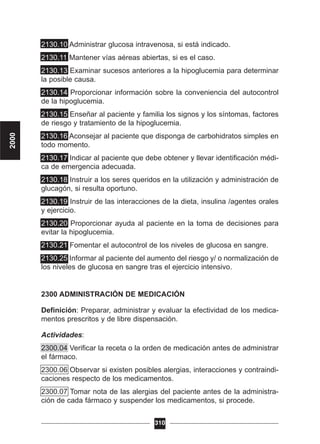 2130.10 Administrar glucosa intravenosa, si está indicado.
2130.11 Mantener vías aéreas abiertas, si es el caso.
2130.13 Examinar sucesos anteriores a la hipoglucemia para determinar
la posible causa.
2130.14 Proporcionar información sobre la conveniencia del autocontrol
de la hipoglucemia.
2130.15 Enseñar al paciente y familia los signos y los síntomas, factores
de riesgo y tratamiento de la hipoglucemia.
2130.16 Aconsejar al paciente que disponga de carbohidratos simples en
todo momento.
2130.17 Indicar al paciente que debe obtener y llevar identificación médi-
ca de emergencia adecuada.
2130.18 Instruir a los seres queridos en la utilización y administración de
glucagón, si resulta oportuno.
2130.19 Instruir de las interacciones de la dieta, insulina /agentes orales
y ejercicio.
2130.20 Proporcionar ayuda al paciente en la toma de decisiones para
evitar la hipoglucemia.
2130.21 Fomentar el autocontrol de los niveles de glucosa en sangre.
2130.25 Informar al paciente del aumento del riesgo y/ o normalización de
los niveles de glucosa en sangre tras el ejercicio intensivo.
2300 ADMINISTRACIÓN DE MEDICACIÓN
Definición: Preparar, administrar y evaluar la efectividad de los medica-
mentos prescritos y de libre dispensación.
Actividades:
2300.04 Verificar la receta o la orden de medicación antes de administrar
el fármaco.
2300.06 Observar si existen posibles alergias, interacciones y contraindi-
caciones respecto de los medicamentos.
2300.07 Tomar nota de las alergias del paciente antes de la administra-
ción de cada fármaco y suspender los medicamentos, si procede.
310
2000
 