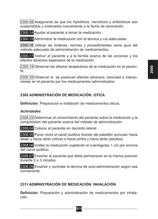 2300.08 Asegurarse de que los hipnóticos, narcóticos y antibióticos son
suspendidos u ordenados nuevamente a la fecha de renovación.
2300.14 Ayudar al paciente a tomar la medicación.
2300.15 Administrar la medicación con la técnica y vía adecuadas.
2300.16 Utilizar las órdenes, normas y procedimientos como guía del
método adecuado de administración de medicamentos.
2300.17 Instruir al paciente y a la familia acerca de las acciones y los
efectos adversos esperados de la medicación.
2300.19 Observar los efectos terapéuticos de la medicación en el pacien-
te.
2300.20 Observar si se producen efectos adversos, toxicidad e interac-
ciones en el paciente por los medicamentos administrados.
2308 ADMINISTRACIÓN DE MEDICACIÓN: OTICA
Definición: Preparación e instilación de medicamentos óticos.
Actividades:
2308.03 Determinar el conocimiento del paciente sobre la medicación y la
comprensión del paciente acerca del método de administración.
2308.04 Colocar al paciente en decúbito lateral.
2308.05 Poner recto el canal auditivo tirando del pabellón auricular hacia
abajo y hacia atrás (niños) o hacia arriba y hacia atrás (adultos).
2308.06 Instilar la medicación sujetando el cuentagotas 1 cm por encima
del canal auditivo.
2308.07 Enseñar al paciente que debe permanecer en la misma posición
durante 2 o 3 minutos.
2308.09 Enseñar y controlar la técnica de auto-administración según sea
conveniente.
2311 ADMINISTRACIÓN DE MEDICACIÓN: INHALACIÓN
Definición: Preparación y administración de medicamentos por inhala-
ción
311
2000
 
