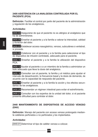 2400 ASISTENCIA EN LA ANALGESIA CONTROLADA POR EL
PACIENTE (PCA)
Definición: Facilitar el control por parte del paciente de la administración
y regulación de los analgésicos.
Actividades:
2400.04 Asegurarse de que el paciente no es alérgico al analgésico que
ha de administrarse.
2400.05 Enseñar al paciente y a la familia a valorar la intensidad, calidad
y duración del dolor.
2400.07 Establecer acceso nasogástrico, venoso, subcutáneo o vertebral,
si procede.
2400.09 Colaborar con el paciente y a la familia para seleccionar el tipo
de dispositivo de infusión controlado, adecuado para el paciente.
2400.10 Enseñar al paciente y a la familia la utilización del dispositivo
PCA.
2400.12 Ayudar al paciente o a un miembro de la familia a administrar un
bolo adecuado que lleve la dosis del analgésico.
2400.16 Consultar con el paciente, la familia y el médico para ajustar el
intervalo de desactivación, la frecuencia basal y la dosis de demanda, de
acuerdo con la capacidad de respuesta del paciente.
2400.18 Enseñar al paciente y a la familia la acción y los efectos secun-
darios de los analgésicos.
2400.20 Recomendar un régimen intestinal para evitar el estreñimiento.
2400.21 Consultar con los expertos de la unidad del dolor, si el paciente
presenta dificultad para controlar el dolor.
2440 MANTENIMIENTO DE DISPOSITIVOS DE ACCESO VENOSO
(DAV)
Definición: Manejo del paciente con acceso venoso prolongado median-
te catéteres perforados o no perforados y los implantados.
Actividades:
2440.01 Determinar el tipo de catéter venoso a colocar.
316
2000
 