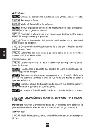 Actividades:
3320.01 Eliminar las secreciones bucales, nasales y traqueales, si procede.
3320.02 Restringir el fumar.
3320.06 Vigilar el flujo de litro de oxígeno.
3320.08 Instruir al paciente acerca de la importancia de dejar el dispositi-
vo de aporte de oxígeno encendido.
3320.10 Controlar la eficacia de la oxigenoterapia (pulsioxímetro, gaso-
metría de sangre arterial), si procede.
3320.17 Observar la ansiedad del paciente relacionadas con la necesidad
de la terapia de oxígeno.
3320.18 Observar si se producen roturas de la piel por la fricción del dis-
positivo de oxigeno.
3320.99 Valorar los conocimientos el paciente sobre el mantenimiento y
uso del equipo en el domicilio.
mantenimiento, uso
3320.98 Valorar las rupturas de la piel por fricción del dispositivo y el sis-
tema de fijación,
3320.97 Recomendar al paciente que cambie de forma sistemática el cir-
cuito de goma del equipo.
3320.96 Recomendar al paciente que coloque en su domicilio el disposi-
tivo en una estancia ventilada a más de 1,5 m de una fuente de calor o
aparatos eléctricos.
3320.23 Disponer el uso de dispositivos de oxigeno que faciliten la movi-
lidad y enseñar al paciente en consecuencia.
4490.02 Aconsejar al fumador de forma clara y consistente dejar de fumar.
3350 MONITORIZACIÓN RESPIRATORIA, ESPIROMETRIA Y PULSIO-
XIMETRIA
Definición: Reunión y análisis de datos de un paciente para asegurar la
permeabilidad de las vías aéreas y el intercambio de gas adecuado.
Actividades:
3350.01 Vigilar la frecuencia, ritmo, profundidad y esfuerzo de las respira-
ciones.
322
3000
 