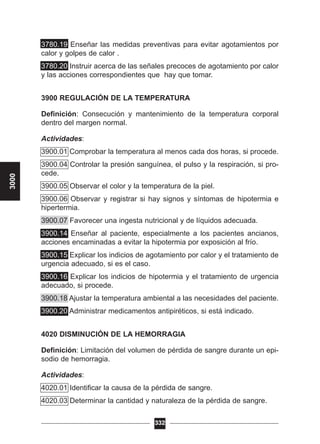 3780.19 Enseñar las medidas preventivas para evitar agotamientos por
calor y golpes de calor .
3780.20 Instruir acerca de las señales precoces de agotamiento por calor
y las acciones correspondientes que hay que tomar.
3900 REGULACIÓN DE LA TEMPERATURA
Definición: Consecución y mantenimiento de la temperatura corporal
dentro del margen normal.
Actividades:
3900.01 Comprobar la temperatura al menos cada dos horas, si procede.
3900.04 Controlar la presión sanguínea, el pulso y la respiración, si pro-
cede.
3900.05 Observar el color y la temperatura de la piel.
3900.06 Observar y registrar si hay signos y síntomas de hipotermia e
hipertermia.
3900.07 Favorecer una ingesta nutricional y de líquidos adecuada.
3900.14 Enseñar al paciente, especialmente a los pacientes ancianos,
acciones encaminadas a evitar la hipotermia por exposición al frío.
3900.15 Explicar los indicios de agotamiento por calor y el tratamiento de
urgencia adecuado, si es el caso.
3900.16 Explicar los indicios de hipotermia y el tratamiento de urgencia
adecuado, si procede.
3900.18 Ajustar la temperatura ambiental a las necesidades del paciente.
3900.20 Administrar medicamentos antipiréticos, si está indicado.
4020 DISMINUCIÓN DE LA HEMORRAGIA
Definición: Limitación del volumen de pérdida de sangre durante un epi-
sodio de hemorragia.
Actividades:
4020.01 Identificar la causa de la pérdida de sangre.
4020.03 Determinar la cantidad y naturaleza de la pérdida de sangre.
332
3000
 