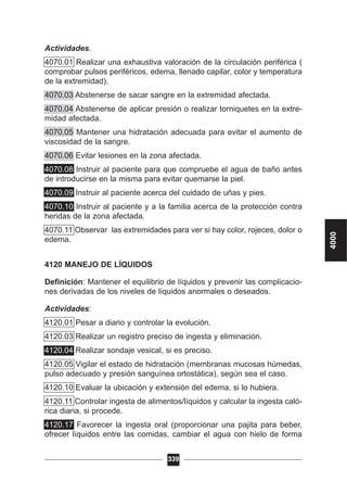 Actividades.
4070.01 Realizar una exhaustiva valoración de la circulación periférica (
comprobar pulsos periféricos, edema, llenado capilar, color y temperatura
de la extremidad).
4070.03 Abstenerse de sacar sangre en la extremidad afectada.
4070.04 Abstenerse de aplicar presión o realizar torniquetes en la extre-
midad afectada.
4070.05 Mantener una hidratación adecuada para evitar el aumento de
viscosidad de la sangre.
4070.06 Evitar lesiones en la zona afectada.
4070.08 Instruir al paciente para que compruebe el agua de baño antes
de introducirse en la misma para evitar quemarse la piel.
4070.09 Instruir al paciente acerca del cuidado de uñas y pies.
4070.10 Instruir al paciente y a la familia acerca de la protección contra
heridas de la zona afectada.
4070.11 Observar las extremidades para ver si hay color, rojeces, dolor o
edema.
4120 MANEJO DE LÍQUIDOS
Definición: Mantener el equilibrio de líquidos y prevenir las complicacio-
nes derivadas de los niveles de líquidos anormales o deseados.
Actividades:
4120.01 Pesar a diario y controlar la evolución.
4120.03 Realizar un registro preciso de ingesta y eliminación.
4120.04 Realizar sondaje vesical, si es preciso.
4120.05 Vigilar el estado de hidratación (membranas mucosas húmedas,
pulso adecuado y presión sanguínea ortostática), según sea el caso.
4120.10 Evaluar la ubicación y extensión del edema, si lo hubiera.
4120.11 Controlar ingesta de alimentos/líquidos y calcular la ingesta caló-
rica diaria, si procede.
4120.17 Favorecer la ingesta oral (proporcionar una pajita para beber,
ofrecer líquidos entre las comidas, cambiar el agua con hielo de forma
339
4000
 