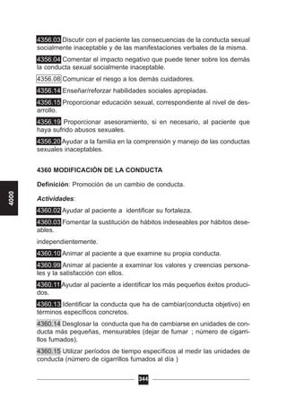 4356.03 Discutir con el paciente las consecuencias de la conducta sexual
socialmente inaceptable y de las manifestaciones verbales de la misma.
4356.04 Comentar el impacto negativo que puede tener sobre los demás
la conducta sexual socialmente inaceptable.
4356.08 Comunicar el riesgo a los demás cuidadores.
4356.14 Enseñar/reforzar habilidades sociales apropiadas.
4356.15 Proporcionar educación sexual, correspondiente al nivel de des-
arrollo.
4356.19 Proporcionar asesoramiento, si en necesario, al paciente que
haya sufrido abusos sexuales.
4356.20 Ayudar a la familia en la comprensión y manejo de las conductas
sexuales inaceptables.
4360 MODIFICACIÓN DE LA CONDUCTA
Definición: Promoción de un cambio de conducta.
Actividades:
4360.02 Ayudar al paciente a identificar su fortaleza.
4360.03 Fomentar la sustitución de hábitos indeseables por hábitos dese-
ables.
independientemente.
4360.10 Animar al paciente a que examine su propia conducta.
4360.99 Animar al paciente a examinar los valores y creencias persona-
les y la satisfacción con ellos.
4360.11 Ayudar al paciente a identificar los más pequeños éxitos produci-
dos.
4360.13 Identificar la conducta que ha de cambiar(conducta objetivo) en
términos específicos concretos.
4360.14 Desglosar la conducta que ha de cambiarse en unidades de con-
ducta más pequeñas, mensurables (dejar de fumar ; número de cigarri-
llos fumados).
4360.15 Utilizar períodos de tiempo específicos al medir las unidades de
conducta (número de cigarrillos fumados al día )
344
4000
 