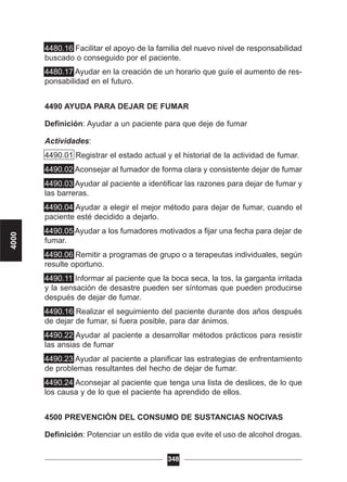 4480.16 Facilitar el apoyo de la familia del nuevo nivel de responsabilidad
buscado o conseguido por el paciente.
4480.17 Ayudar en la creación de un horario que guíe el aumento de res-
ponsabilidad en el futuro.
4490 AYUDA PARA DEJAR DE FUMAR
Definición: Ayudar a un paciente para que deje de fumar
Actividades:
4490.01 Registrar el estado actual y el historial de la actividad de fumar.
4490.02 Aconsejar al fumador de forma clara y consistente dejar de fumar
4490.03 Ayudar al paciente a identificar las razones para dejar de fumar y
las barreras.
4490.04 Ayudar a elegir el mejor método para dejar de fumar, cuando el
paciente esté decidido a dejarlo.
4490.05 Ayudar a los fumadores motivados a fijar una fecha para dejar de
fumar.
4490.06 Remitir a programas de grupo o a terapeutas individuales, según
resulte oportuno.
4490.11 Informar al paciente que la boca seca, la tos, la garganta irritada
y la sensación de desastre pueden ser síntomas que pueden producirse
después de dejar de fumar.
4490.16 Realizar el seguimiento del paciente durante dos años después
de dejar de fumar, si fuera posible, para dar ánimos.
4490.22 Ayudar al paciente a desarrollar métodos prácticos para resistir
las ansias de fumar
4490.23 Ayudar al paciente a planificar las estrategias de enfrentamiento
de problemas resultantes del hecho de dejar de fumar.
4490.24 Aconsejar al paciente que tenga una lista de deslices, de lo que
los causa y de lo que el paciente ha aprendido de ellos.
4500 PREVENCIÓN DEL CONSUMO DE SUSTANCIAS NOCIVAS
Definición: Potenciar un estilo de vida que evite el uso de alcohol drogas.
348
4000
 