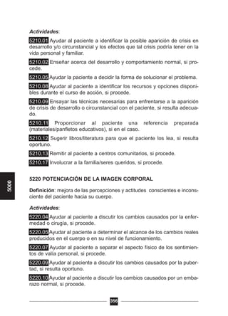 Actividades:
5210.01 Ayudar al paciente a identificar la posible aparición de crisis en
desarrollo y/o circunstancial y los efectos que tal crisis podría tener en la
vida personal y familiar.
5210.02 Enseñar acerca del desarrollo y comportamiento normal, si pro-
cede.
5210.05 Ayudar la paciente a decidir la forma de solucionar el problema.
5210.08 Ayudar al paciente a identificar los recursos y opciones disponi-
bles durante el curso de acción, si procede.
5210.09 Ensayar las técnicas necesarias para enfrentarse a la aparición
de crisis de desarrollo o circunstancial con el paciente, si resulta adecua-
do.
5210.11 Proporcionar al paciente una referencia preparada
(materiales/panfletos educativos), si en el caso.
5210.12 Sugerir libros/literatura para que el paciente los lea, si resulta
oportuno.
5210.13 Remitir al paciente a centros comunitarios, si procede.
5210.17 Involucrar a la familia/seres queridos, si procede.
5220 POTENCIACIÓN DE LA IMAGEN CORPORAL
Definición: mejora de las percepciones y actitudes conscientes e incons-
ciente del paciente hacia su cuerpo.
Actividades:
5220.04 Ayudar al paciente a discutir los cambios causados por la enfer-
medad o cirugía, si procede.
5220.05 Ayudar al paciente a determinar el alcance de los cambios reales
producidos en el cuerpo o en su nivel de funcionamiento.
5220.07 Ayudar al paciente a separar el aspecto físico de los sentimien-
tos de valía personal, si procede.
5220.09 Ayudar al paciente a discutir los cambios causados por la puber-
tad, si resulta oportuno.
5220.10 Ayudar al paciente a discutir los cambios causados por un emba-
razo normal, si procede.
356
5000
 