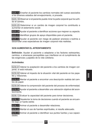 5220.12 Enseñar al paciente los cambios normales del cuerpo asociados
a los diversos estadios del envejecimiento, si procede.
5220.16 Observar si el paciente puede mirar la parte corporal que ha sufri-
do el cambio.
5220.25 Determinar si un cambio de imagen corporal ha contribuido a
aumentar el aislamiento social.
5220.28 Ayudar al paciente a identificar acciones que mejoren su aspecto.
5220.31 Identificar grupos de apoyo disponibles para el paciente.
5220.32 Ayudar al paciente con riesgo de padecer anorexia o bulimia a
desarrollar unas expectativas de imagen corporal más realistas.
5230 AUMENTAR EL AFRONTAMIENTO
Definición: Ayudar al paciente a adaptarse a los factores estresantes,
cambios, o amenazas perceptibles que interfieran en el cumplimiento de
las exigencias y papeles de la vida cotidiana.
Actividades:
5230.01 Valorar la aceptación del paciente a los cambios de imagen cor-
poral, si está indicado.
5230.02 Valorar el impacto de la situación vital del paciente en los pape-
les y relaciones.
5230.03 Alentar al paciente a encontrar una descripción realista del cam-
bio de papel.
5230.04 Valorar la comprensión del paciente del proceso de enfermedad.
5230.08 Ayudar al paciente a desarrollar una valoración objetiva del acon-
tecimiento.
5230.13 Evaluar la capacidad del paciente para tomar decisiones.
5230.15 Desalentar la toma de decisiones cuando el paciente se encuen-
tre bajo un fuerte estrés
5230.17 Animar al paciente a desarrollar relaciones.
5230.22 Alentar el uso de fuentes espirituales, si resulta adecuado.
5230.35 Animar al paciente a identificar sus puntos fuertes y sus capaci-
dades.
357
5000
 