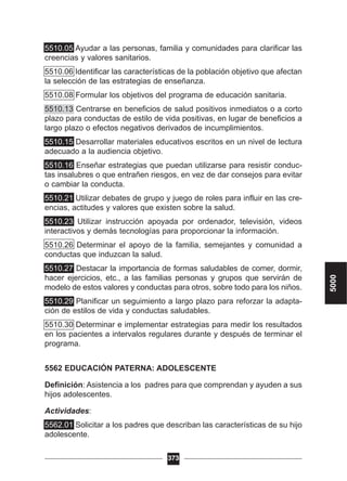 5510.05 Ayudar a las personas, familia y comunidades para clarificar las
creencias y valores sanitarios.
5510.06 Identificar las características de la población objetivo que afectan
la selección de las estrategias de enseñanza.
5510.08 Formular los objetivos del programa de educación sanitaria.
5510.13 Centrarse en beneficios de salud positivos inmediatos o a corto
plazo para conductas de estilo de vida positivas, en lugar de beneficios a
largo plazo o efectos negativos derivados de incumplimientos.
5510.15 Desarrollar materiales educativos escritos en un nivel de lectura
adecuado a la audiencia objetivo.
5510.16 Enseñar estrategias que puedan utilizarse para resistir conduc-
tas insalubres o que entrañen riesgos, en vez de dar consejos para evitar
o cambiar la conducta.
5510.21 Utilizar debates de grupo y juego de roles para influir en las cre-
encias, actitudes y valores que existen sobre la salud.
5510.23 Utilizar instrucción apoyada por ordenador, televisión, videos
interactivos y demás tecnologías para proporcionar la información.
5510.26 Determinar el apoyo de la familia, semejantes y comunidad a
conductas que induzcan la salud.
5510.27 Destacar la importancia de formas saludables de comer, dormir,
hacer ejercicios, etc., a las familias personas y grupos que servirán de
modelo de estos valores y conductas para otros, sobre todo para los niños.
5510.29 Planificar un seguimiento a largo plazo para reforzar la adapta-
ción de estilos de vida y conductas saludables.
5510.30 Determinar e implementar estrategias para medir los resultados
en los pacientes a intervalos regulares durante y después de terminar el
programa.
5562 EDUCACIÓN PATERNA: ADOLESCENTE
Definición: Asistencia a los padres para que comprendan y ayuden a sus
hijos adolescentes.
Actividades:
5562.01 Solicitar a los padres que describan las características de su hijo
adolescente.
373
5000
 