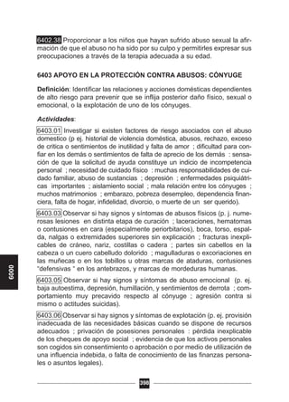 6402.38 Proporcionar a los niños que hayan sufrido abuso sexual la afir-
mación de que el abuso no ha sido por su culpo y permitirles expresar sus
preocupaciones a través de la terapia adecuada a su edad.
6403 APOYO EN LA PROTECCIÓN CONTRA ABUSOS: CÓNYUGE
Definición: Identificar las relaciones y acciones domésticas dependientes
de alto riesgo para prevenir que se inflija posterior daño físico, sexual o
emocional, o la explotación de uno de los cónyuges.
Actividades:
6403.01 Investigar si existen factores de riesgo asociados con el abuso
domestico (p ej. historial de violencia doméstica, abusos, rechazo, exceso
de critica o sentimientos de inutilidad y falta de amor ; dificultad para con-
fiar en los demás o sentimientos de falta de aprecio de los demás : sensa-
ción de que la solicitud de ayuda constituye un indicio de incompetencia
personal ; necesidad de cuidado físico : muchas responsabilidades de cui-
dado familiar, abuso de sustancias ; depresión ; enfermedades psiquiátri-
cas importantes ; aislamiento social ; mala relación entre los cónyuges ;
muchos matrimonios ; embarazo, pobreza desempleo, dependencia finan-
ciera, falta de hogar, infidelidad, divorcio, o muerte de un ser querido).
6403.03 Observar si hay signos y síntomas de abusos físicos (p. j. nume-
rosas lesiones en distinta etapa de curación ; laceraciones, hematomas
o contusiones en cara (especialmente periorbitarios), boca, torso, espal-
da, nalgas o extremidades superiores sin explicación ; fracturas inexpli-
cables de cráneo, nariz, costillas o cadera ; partes sin cabellos en la
cabeza o un cuero cabelludo dolorido ; magulladuras o excoriaciones en
las muñecas o en los tobillos u otras marcas de ataduras, contusiones
“defensivas “ en los antebrazos, y marcas de mordeduras humanas.
6403.05 Observar si hay signos y síntomas de abuso emocional (p. ej.
baja autoestima, depresión, humillación, y sentimientos de derrota ; com-
portamiento muy precavido respecto al cónyuge ; agresión contra si
mismo o actitudes suicidas).
6403.06 Observar si hay signos y síntomas de explotación (p. ej. provisión
inadecuada de las necesidades básicas cuando se dispone de recursos
adecuados ; privación de posesiones personales : pérdida inexplicable
de los cheques de apoyo social ; evidencia de que los activos personales
son cogidos sin consentimiento o aprobación o por medio de utilización de
una influencia indebida, o falta de conocimiento de las finanzas persona-
les o asuntos legales).
398
6000
 