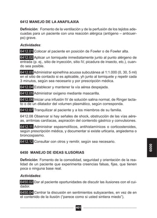 6412 MANEJO DE LA ANAFILAXIA
Definición: Fomento de la ventilación y de la perfusión de los tejidos ade-
cuadas para un paciente con una reacción alérgica (antígeno – anticuer-
po) grave.
Actividades:
6412.01 Colocar al paciente en posición de Fowler o de Fowler alta.
6412.02 Aplicar un torniquete inmediatamente junto al punto alérgeno de
entrada (p. ej., sitio de inyección, sitio IV, picadura de insecto, etc.), cuan-
do sea posible.
6412.03 Administrar epinefrina acuosa subcutánea al 1:1.000 (0, 30, 5 ml)
en el sitio de contacto si es aplicable, yh junto al torniquete y repetir cada
3 minutos, según sea necesario y por prescripción médica.
6412.04 Establecer y mantener la vía aérea despejada.
6412.05 Administrar oxígeno mediante mascarilla.
6412.06 Iniciar una infusión IV de solución salina normal, de Ringer lacta-
to o de un dilatador del volumen plasmático, según corresponda.
6412.07 Tranquilizar al paciente y a los miembros de su familia.
6412.08 Observar si hay señales de shock, obstrucción de las vías aére-
as, arritmias cardíacas, aspiración del contenido gástrico y convulsiones.
6412.11 Administrar espasmolíticos, antihistamínicos o corticosteroides,
según prescripción médica, y documentar si existe urticaria, angiedema o
broncospasmo.
6412.12 Consultar con otros y remitir, según sea necesario.
6450 MANEJO DE IDEAS ILUSORIAS
Definición: Fomento de la comodidad, seguridad y orientación de la rea-
lidad de un paciente que experimenta creencias falsas, fijas, que tienen
poca o ninguna base real.
Actividades:
6450.02 Dar al paciente oportunidades de discutir las ilusiones con el cui-
dador.
6450.04 Centrar la discusión en sentimientos subyacentes, en vez de en
el contenido de la ilusión (“parece como si usted sintiera miedo”).
401
6000
 