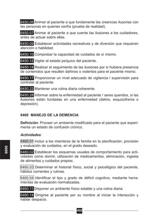 6450.06 Animar al paciente a que fundamente las creencias ilusorias con
las personas en quienes confía (prueba de realidad).
6450.07 Animar al paciente a que cuente las ilusiones a los cuidadores,
antes de actuar sobre ellas.
6450.09 Establecer actividades recreativas y de diversión que requieran
atención o habilidad.
6450.10 Comprobar la capacidad de cuidados de sí mismo.
6450.12 Vigilar el estado psíquico del paciente.
6450.14 Realizar el seguimiento de las ilusiones por si hubiera presencia
de contenidos que resulten dañinos o violentos para el paciente mismo.
6450.17 Proporcionar un nivel adecuado de vigilancia / supervisión para
controlar al paciente.
6450.22 Mantener una rutina diaria coherente.
6450.28 Informar sobre la enfermedad al paciente / seres queridos, si las
ilusiones están fundadas en una enfermedad (delirio, esquizofrenia o
depresión).
6460 MANEJO DE LA DEMENCIA
Definición: Proveer un ambiente modificado para el paciente que experi-
menta un estado de confusión crónico.
Actividades:
6460.01 Incluir a los miembros de la familia en la planificación, provisión
y evaluación de cuidados, en el grado deseado.
6460.02 Establecer los esquemas usuales de comportamiento para acti-
vidades como dormir, utilización de medicamentos, eliminación, ingesta
de alimentos y cuidados propios.
6460.03 Determinar el historial físico, social y psicológico del paciente,
hábitos corrientes y rutinas.
6460.04 Identificar el tipo y grado de déficit cognitivo, mediante herra-
mientas de evaluación normalizadas.
6460.11 Disponer un ambiente físico estable y una rutina diaria.
6460.14 Dirigirse al paciente por su nombre al iniciar la interacción y
hablar despacio.
402
6000
 