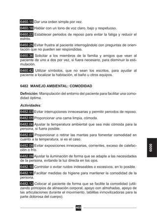 6460.15 Dar una orden simple por vez.
6460.16 Hablar con un tono de voz claro, bajo y respetuoso.
6460.22 Establecer periodos de reposo para evitar la fatiga y reducir el
estrés.
6460.25 Evitar frustra al paciente interrogándolo con preguntas de orien-
tación que no pueden ser respondidas.
6460.36 Solicitar a los miembros de la familia y amigos que vean al
paciente de uno a dos por vez, si fuera necesario, para disminuir la esti-
mulación.
6460.42 Utilizar símbolos, que no sean los escritos, para ayudar al
paciente a localizar la habitación, el baño u otros equipos.
6482 MANEJO AMBIENTAL: COMODIDAD
Definición: Manipulación del entorno del paciente para facilitar una como-
didad óptima.
Actividades:
6482.03 Evitar interrupciones innecesarias y permitir periodos de reposo.
6482.05 Proporcionar una cama limpia, cómoda.
6482.06 Ajustar la temperatura ambiental que sea más cómoda para la
persona, si fuera posible.
6482.07 Proporcionar o retirar las mantas para fomentar comodidad en
cuanto a la temperatura, si es el caso.
6482.08 Evitar exposiciones innecesarias, corrientes, exceso de calefac-
ción o frío.
6482.09 Ajustar la iluminación de forma que se adapte a las necesidades
de la persona, evitando la luz directa en los ojos.
6482.10 Controlar o evitar ruidos indeseables o excesivos, en lo posible.
6482.11 Facilitar medidas de higiene para mantener la comodidad de la
persona.
6482.12 Colocar al paciente de forma que se facilite la comodidad (utili-
zando principios de alineación corporal, apoyo con almohadas, apoyo de
las articulaciones durante el movimiento, tablillas inmovilizadoras para la
parte dolorosa del cuerpo).
403
6000
 