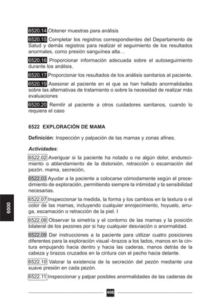 6520.14 Obtener muestras para análisis
6520.15 Completar los registros correspondientes del Departamento de
Salud y demás registros para realizar el seguimiento de los resultados
anormales, como presión sanguínea alta…
6520.16 Proporcionar información adecuada sobre el autoseguimiento
durante los análisis.
6520.17 Proporcionar los resultados de los análisis sanitarios al paciente.
6520.19 Asesorar al paciente en el que se han hallado anormalidades
sobre las alternativas de tratamiento o sobre la necesidad de realizar más
evaluaciones
6520.20 Remitir al paciente a otros cuidadores sanitanos, cuando lo
requiera el caso
6522 EXPLORACIÓN DE MAMA
Definición: Inspección y palpación de las mamas y zonas afines.
Actividades:
6522.02 Averiguar si la paciente ha notado o no algún dolor, endureci-
miento o ablandamiento de la distorsión, retracción o escamación del
pezón. mama, secreción,
6522.03 Ayudar a la paciente a colocarse cómodamente según el proce-
dimiento de exploración, permitiendo siempre la intimidad y la sensibilidad
necesarias.
6522.07 Inspeccionar la medida, la forma y los cambios en la textura o el
color de las mamas, incluyendo cualquier enrojecimiento, hoyuelo, arru-
ga, escamación o retracción de la piel. I
6522.08 Observar la simetría y el contorno de las mamas y la posición
bilateral de los pezones por si hay cualquier desviación o anormalidad.
6522.09 Dar instrucciones a la paciente para utilizar cuatro posiciones
diferentes para la exploración visual -brazos a los lados, manos en la cin-
tura empujando hacia dentro y hacia las caderas, manos detrás de la
cabeza y brazos cruzados en la cintura con el pecho hacia delante.
6522.10 Valorar la existencia de la secreción del pezón mediante una
suave presión en cada pezón.
6522.11 Inspeccionar y palpar posibles anormalidades de las cadenas de
406
6000
 