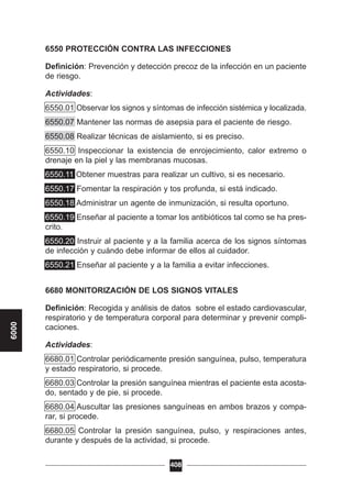 6550 PROTECCIÓN CONTRA LAS INFECCIONES
Definición: Prevención y detección precoz de la infección en un paciente
de riesgo.
Actividades:
6550.01 Observar los signos y síntomas de infección sistémica y localizada.
6550.07 Mantener las normas de asepsia para el paciente de riesgo.
6550.08 Realizar técnicas de aislamiento, si es preciso.
6550.10 Inspeccionar la existencia de enrojecimiento, calor extremo o
drenaje en la piel y las membranas mucosas.
6550.11 Obtener muestras para realizar un cultivo, si es necesario.
6550.17 Fomentar la respiración y tos profunda, si está indicado.
6550.18 Administrar un agente de inmunización, si resulta oportuno.
6550.19 Enseñar al paciente a tomar los antibióticos tal como se ha pres-
crito.
6550.20 Instruir al paciente y a la familia acerca de los signos síntomas
de infección y cuándo debe informar de ellos al cuidador.
6550.21 Enseñar al paciente y a la familia a evitar infecciones.
6680 MONITORIZACIÓN DE LOS SIGNOS VITALES
Definición: Recogida y análisis de datos sobre el estado cardiovascular,
respiratorio y de temperatura corporal para determinar y prevenir compli-
caciones.
Actividades:
6680.01 Controlar periódicamente presión sanguínea, pulso, temperatura
y estado respiratorio, si procede.
6680.03 Controlar la presión sanguínea mientras el paciente esta acosta-
do, sentado y de pie, si procede.
6680.04 Auscultar las presiones sanguíneas en ambos brazos y compa-
rar, si procede.
6680.05 Controlar la presión sanguínea, pulso, y respiraciones antes,
durante y después de la actividad, si procede.
408
6000
 