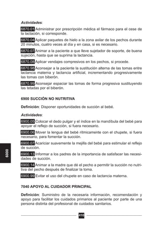 Actividades:
6870.01 Administrar por prescripción médica el fármaco para el cese de
la lactación, si corresponde.
6870.04 Aplicar paquetes de hielo a la zona axilar de los pechos durante
20 minutos, cuatro veces al día y en casa, si es necesario.
6870.07 Animar a la paciente a que lleve sujetador de soporte, de buena
sujeción, hasta que se suprima la lactancia.
6870.08 Aplicar vendajes compresivos en los pechos, si procede.
6870.98 Aconsejar a la paciente la sustitución alterna de las tomas entre
lactancia materna y lactancia artificial, incrementando progresivamente
las tomas con biberón.
6870.99 Aconsejar espaciar las tomas de forma progresiva sustituyendo
las tetadas por el biberón.
6900 SUCCIÓN NO NUTRITIVA
Definición: Disponer oportunidades de succión al bebé.
Actividades:
6900.05 Colocar el dedo pulgar y el índice en la mandíbula del bebé para
apoyar el reflejo de succión, si fuera necesario.
6900.06 Mover la lengua del bebé rítmicamente con el chupete, si fuera
necesario, para fomentar la succión.
6900.07 Acariciar suavemente la mejilla del bebé para estimular el reflejo
de succión.
6900.13 Informar a los padres de la importancia de satisfacer las necesi-
dades de succión.
6900.14 Animar a la madre que dé el pecho a permitir la succión no nutri-
tiva del pecho después de finalizar la toma.
6900.99 Evitar el uso del chupete en caso de lactancia materna.
7040 APOYO AL CUIDADOR PRINCIPAL
Definición: Suministro de la necesaria información, recomendación y
apoyo para facilitar los cuidados primarios al paciente por parte de una
persona distinta del profesional de cuidados sanitarios.
410
6000
 