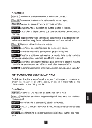 Actividades:
7040.01 Determinar el nivel de conocimientos del cuidador.
7040.02 Determinar la aceptación del cuidador de su papel.
7040.03 Aceptar las expresiones de emoción negativa.
7040.04 Estudiar junto al cuidador los puntos fuertes y débiles.
7040.05 Reconocer la dependencia que tiene el paciente del cuidador, si
procede.
7040.11 Proporcionar ayuda sanitaria de seguimiento al cuidador median-
te llamadas de teléfono y /o cuidados de enfermería comunitarios.
7040.12 Observar si hay indicios de estrés.
7040.13 Enseñar al cuidador técnicas de manejo del estrés.
7040.16 Animar al cuidador a participar en grupos de apoyo.
7040.17 Enseñar al cuidador estrategias de mantenimiento de cuidados
sanitarios para sostener la propia salud física y mental.
7040.20 Enseñar al cuidador estrategias para acceder y sacar el máximo
provecho de los recursos de cuidados sanitarios y comunitarios.
7040.23 Realizar afirmaciones positivas sobre los esfuerzos del cuidador.
7050 FOMENTO DEL DESARROLLO: NIÑOS
Definición: Facilitar o enseñar a los padres / cuidadores a conseguir un
crecimiento lingüístico, cognitivo, social, emocional y motor total de los
niños en edad preescolar y escolar.
Actividades:
7050.01 Desarrollar una relación de confianza con el niño.
7050.11 Asegurarse de que el lenguaje corporal concuerda con la comu-
nicación oral.
7050.14 Ayudar al niño a compartir y establecer turnos.
7050.16 Abrazar o mecer y consolar al niño, especialmente cuando esté
angustiado.
7050.19 Enseñar al niño a solicitar ayuda de los demás, cuando sea nece-
sario.
411
7000
 