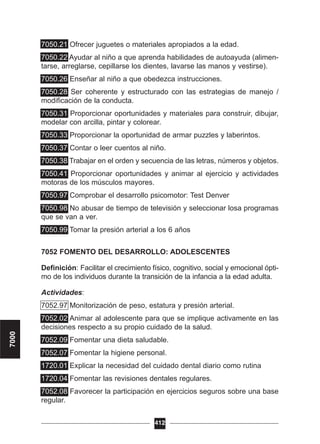 7050.21 Ofrecer juguetes o materiales apropiados a la edad.
7050.22 Ayudar al niño a que aprenda habilidades de autoayuda (alimen-
tarse, arreglarse, cepillarse los dientes, lavarse las manos y vestirse).
7050.26 Enseñar al niño a que obedezca instrucciones.
7050.28 Ser coherente y estructurado con las estrategias de manejo /
modificación de la conducta.
7050.31 Proporcionar oportunidades y materiales para construir, dibujar,
modelar con arcilla, pintar y colorear.
7050.33 Proporcionar la oportunidad de armar puzzles y laberintos.
7050.37 Contar o leer cuentos al niño.
7050.38 Trabajar en el orden y secuencia de las letras, números y objetos.
7050.41 Proporcionar oportunidades y animar al ejercicio y actividades
motoras de los músculos mayores.
7050.97 Comprobar el desarrollo psicomotor: Test Denver
7050.98 No abusar de tiempo de televisión y seleccionar losa programas
que se van a ver.
7050.99 Tomar la presión arterial a los 6 años
7052 FOMENTO DEL DESARROLLO: ADOLESCENTES
Definición: Facilitar el crecimiento físico, cognitivo, social y emocional ópti-
mo de los individuos durante la transición de la infancia a la edad adulta.
Actividades:
7052.97 Monitorización de peso, estatura y presión arterial.
7052.02 Animar al adolescente para que se implique activamente en las
decisiones respecto a su propio cuidado de la salud.
7052.09 Fomentar una dieta saludable.
7052.07 Fomentar la higiene personal.
1720.01 Explicar la necesidad del cuidado dental diario como rutina
1720.04 Fomentar las revisiones dentales regulares.
7052.08 Favorecer la participación en ejercicios seguros sobre una base
regular.
412
7000
 