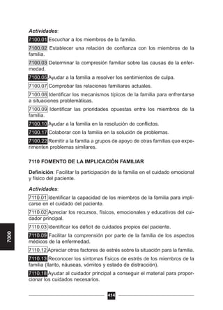 Actividades:
7100.01 Escuchar a los miembros de la familia.
7100.02 Establecer una relación de confianza con los miembros de la
familia.
7100.03 Determinar la compresión familiar sobre las causas de la enfer-
medad.
7100.05 Ayudar a la familia a resolver los sentimientos de culpa.
7100.07 Comprobar las relaciones familiares actuales.
7100.08 Identificar los mecanismos típicos de la familia para enfrentarse
a situaciones problemáticas.
7100.09 Identificar las prioridades opuestas entre los miembros de la
familia.
7100.10 Ayudar a la familia en la resolución de conflictos.
7100.17 Colaborar con la familia en la solución de problemas.
7100.22 Remitir a la familia a grupos de apoyo de otras familias que expe-
rimenten problemas similares.
7110 FOMENTO DE LA IMPLICACIÓN FAMILIAR
Definición: Facilitar la participación de la familia en el cuidado emocional
y físico del paciente.
Actividades:
7110.01 Identificar la capacidad de los miembros de la familia para impli-
carse en el cuidado del paciente.
7110.02 Apreciar los recursos, físicos, emocionales y educativos del cui-
dador principal.
7110.03 Identificar los déficit de cuidados propios del paciente.
7110.09 Facilitar la comprensión por parte de la familia de los aspectos
médicos de la enfermedad.
7110.12 Apreciar otros factores de estrés sobre la situación para la familia.
7110.13 Reconocer los síntomas físicos de estrés de los miembros de la
familia (llanto, náuseas, vómitos y estado de distracción).
7110.18 Ayudar al cuidador principal a conseguir el material para propor-
cionar los cuidados necesarios.
414
7000
 