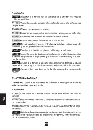 Actividades:
7140.01 Asegurar a la familia que al paciente se le brindan los mejores
cuidados posibles.
7140.02 Valorar la reacción emocional de la familia frente a la enfermedad
del paciente.
7140.04 Ofrecer una esperanza realista.
7140.05 Escuchar las inquietudes, sentimientos y preguntas de la familia.
7140.07 Favorecer una relación de confianza con la familia.
7140.08 Aceptar los valores familiares sin emitir juicios.
7140.14 Reducir las discrepancias entre las expectativas del paciente, de
la familia y de los profesionales de cuidados.
7140.20 Enseñar a la familia los planes médicos y de cuidados.
7140.24 Animar la toma de decisiones familiares en la planificación de los
cuidados del paciente a largo plazo que afecten a la estructura y a la eco-
nomía familiar.
7140.26 Ayudar a la familia a adquirir el conocimiento, técnica y equipo
necesarios para apoyar su decisión acerca de los cuidados del paciente.
7140.36 Ayudar a los miembros de la familia durante los procesos de
muerte
7150 TERAPIA FAMILIAR
Definición: Ayudar a los miembros de la familia a conseguir un modo de
vida más positivo para vivir mejor.
Actividades:
7150.02 Determinar los roles habituales del paciente dentro del sistema
familiar.
7150.04 Determinar los conflictos y ver si los miembros de la familia quie-
ren resolverlos.
7150.05 Utilizar la realización del historial familiar para fomentar el deba-
te familiar.
7150.12 Solicitar a los miembros de la familia su participación en la pues-
ta en práctica de actividades de experiencia hogareña, como hacer algu-
na de las comidas juntos.
416
7000
 