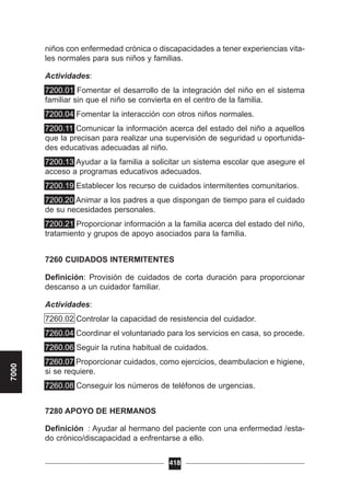 niños con enfermedad crónica o discapacidades a tener experiencias vita-
les normales para sus niños y familias.
Actividades:
7200.01 Fomentar el desarrollo de la integración del niño en el sistema
familiar sin que el niño se convierta en el centro de la familia.
7200.04 Fomentar la interacción con otros niños normales.
7200.11 Comunicar la información acerca del estado del niño a aquellos
que la precisan para realizar una supervisión de seguridad u oportunida-
des educativas adecuadas al niño.
7200.13 Ayudar a la familia a solicitar un sistema escolar que asegure el
acceso a programas educativos adecuados.
7200.19 Establecer los recurso de cuidados intermitentes comunitarios.
7200.20 Animar a los padres a que dispongan de tiempo para el cuidado
de su necesidades personales.
7200.21 Proporcionar información a la familia acerca del estado del niño,
tratamiento y grupos de apoyo asociados para la familia.
7260 CUIDADOS INTERMITENTES
Definición: Provisión de cuidados de corta duración para proporcionar
descanso a un cuidador familiar.
Actividades:
7260.02 Controlar la capacidad de resistencia del cuidador.
7260.04 Coordinar el voluntariado para los servicios en casa, so procede.
7260.06 Seguir la rutina habitual de cuidados.
7260.07 Proporcionar cuidados, como ejercicios, deambulacion e higiene,
si se requiere.
7260.08 Conseguir los números de teléfonos de urgencias.
7280 APOYO DE HERMANOS
Definición : Ayudar al hermano del paciente con una enfermedad /esta-
do crónico/discapacidad a enfrentarse a ello.
418
7000
 