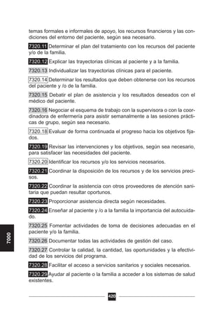 temas formales e informales de apoyo, los recursos financieros y las con-
diciones del entorno del paciente, según sea necesario.
7320.11 Determinar el plan del tratamiento con los recursos del paciente
y/o de la familia.
7320.12 Explicar las trayectorias clínicas al paciente y a la familia.
7320.13 Individualizar las trayectorias clínicas para el paciente.
7320.14 Determinar los resultados que deben obtenerse con los recursos
del paciente y /o de la familia.
7320.15 Debatir el plan de asistencia y los resultados deseados con el
médico del paciente.
7320.16 Negociar el esquema de trabajo con la supervisora o con la coor-
dinadora de enfermería para asistir semanalmente a las sesiones prácti-
cas de grupo, según sea necesario.
7320.18 Evaluar de forma continuada el progreso hacia los objetivos fija-
dos.
7320.19 Revisar las intervenciones y los objetivos, según sea necesario,
para satisfacer las necesidades del paciente.
7320.20 Identificar los recursos y/o los servicios necesarios.
7320.21 Coordinar la disposición de los recursos y de los servicios preci-
sos.
7320.22 Coordinar la asistencia con otros proveedores de atención sani-
taria que puedan resultar oportunos.
7320.23 Proporcionar asistencia directa según necesidades.
7320.24 Enseñar al paciente y /o a la familia la importancia del autocuida-
do.
7320.25 Fomentar actividades de toma de decisiones adecuadas en el
paciente y/o la familia.
7320.26 Documentar todas las actividades de gestión del caso.
7320.27 Controlar la calidad, la cantidad, las oportunidades y la efectivi-
dad de los servicios del programa.
7320.28 Facilitar el acceso a servicios sanitarios y sociales necesarios.
7320.29 Ayudar al paciente o la familia a acceder a los sistemas de salud
existentes.
420
7000
 