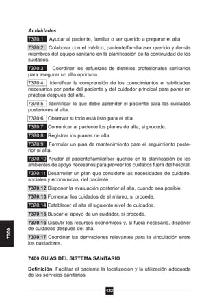 Actividades
7370.1 Ayudar al paciente, familiar o ser querido a preparar el alta
7370.2 Colaborar con el médico, paciente/familiar/ser querido y demás
miembros del equipo sanitario en la planificación de la continuidad de los
cuidados.
7370.3 Coordinar los esfuerzos de distintos profesionales sanitarios
para asegurar un alta oportuna.
7370.4 Identificar la comprensión de los conocimientos o habilidades
necesarios por parte del paciente y del cuidador principal para poner en
práctica después del alta.
7370.5 Identificar lo que debe aprender el paciente para los cuidados
posteriores al alta.
7370.6 Observar si todo está listo para el alta.
7370.7 Comunicar al paciente los planes de alta, si procede.
7370.8 Registrar los pIanes de alta.
7370.9 Formular un plan de mantenimiento para el seguimiento poste-
rior al alta.
7370.10 Ayudar al paciente/familiar/ser querido en la planificación de los
ambientes de apoyo necesarios para proveer los cuidados fuera del hospital.
7370.11 Desarrollar un plan que considere las necesidades de cuidado,
sociales y económicas, del paciente.
7370.12 Disponer la evaluación posterior al alta, cuando sea posible.
7370.13 Fomentar los cuidados de sí mismo, si procede.
7370.14 Establecer el alta al siguiente nivel de cuidados.
7370.15 Buscar el apoyo de un cuidador, si procede.
7370.16 Discutir los recursos económicos y, si fuera necesario, disponer
de cuidados después del alta.
7370.17 Coordinar las derivaciones relevantes para la vinculación entre
los cuidadores.
7400 GUÍAS DEL SISTEMA SANITARIO
Definición: Facilitar al paciente la localización y la utilización adecuada
de los servicios sanitarios
422
7000
 